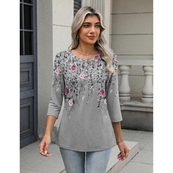 Women’s 3/4 Sleeve Crew Neck Blouse Casual Summer Work Top - Picture 5 of 5